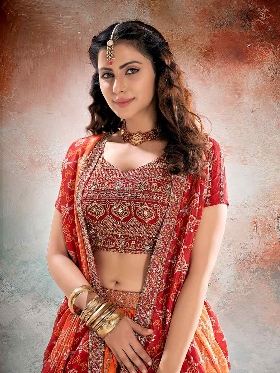 Red Heavy Chinon Embroidered Wedding Reception Festival Heavy Border Lehenga Choli