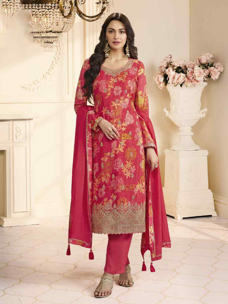 Image of Red Heavy Chinon Embroidery Printed Party Wedding Festival Casual Pant Salwar Kameez