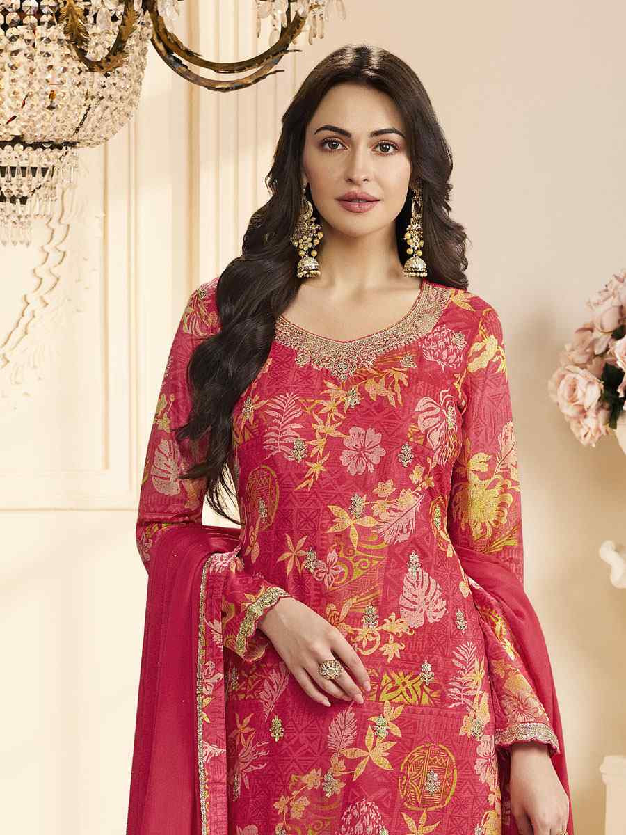 Red Heavy Chinon Embroidery Printed Party Wedding Festival Casual Pant Salwar Kameez