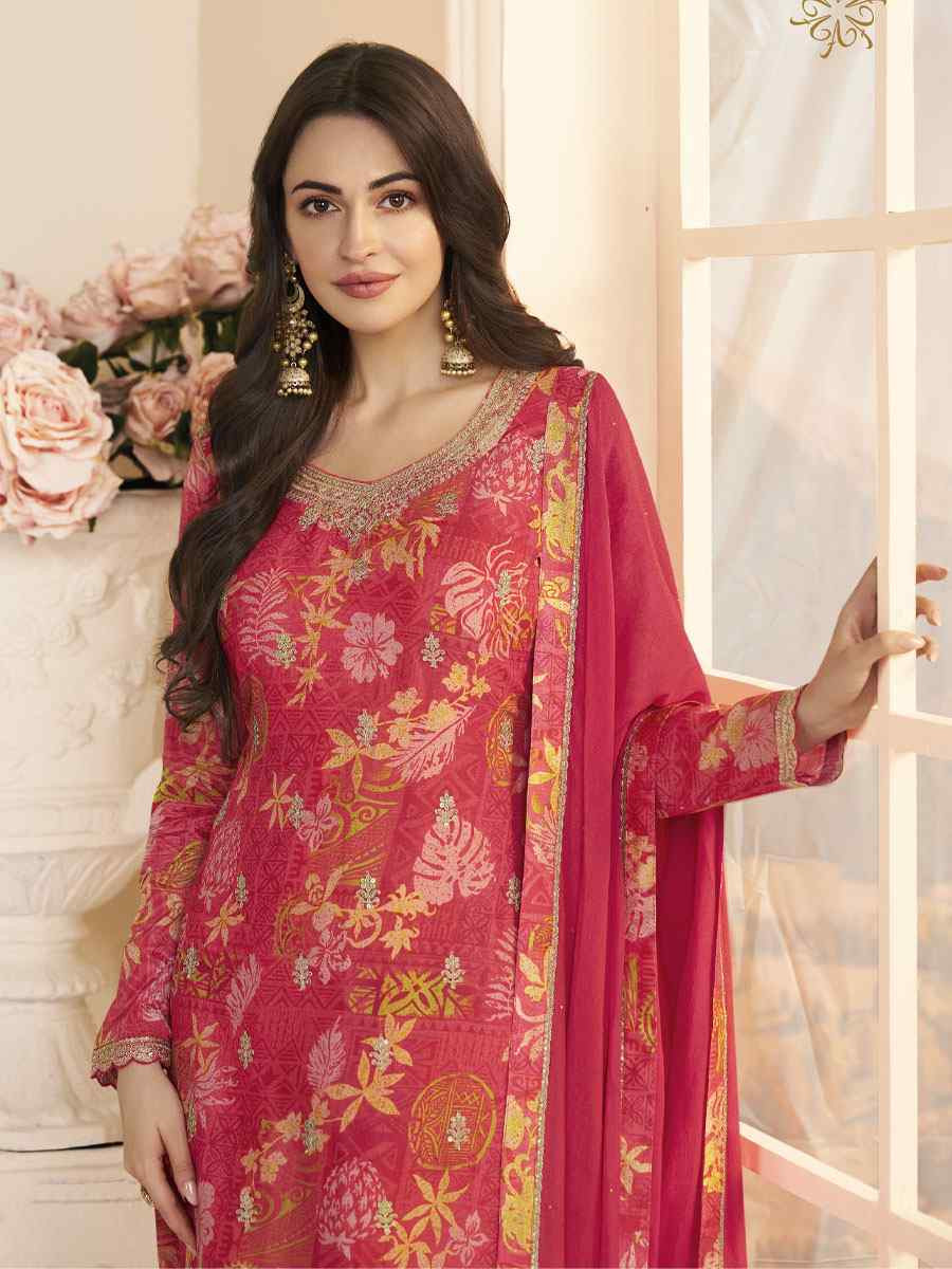 Red Heavy Chinon Embroidery Printed Party Wedding Festival Casual Pant Salwar Kameez