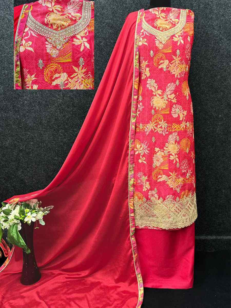 Red Heavy Chinon Embroidery Printed Party Wedding Festival Casual Pant Salwar Kameez