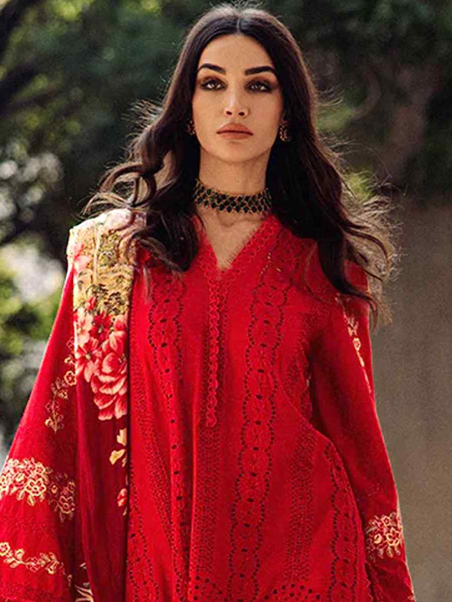 Red Heavy Cotton Embroidered Festival Casual Pant Salwar Kameez