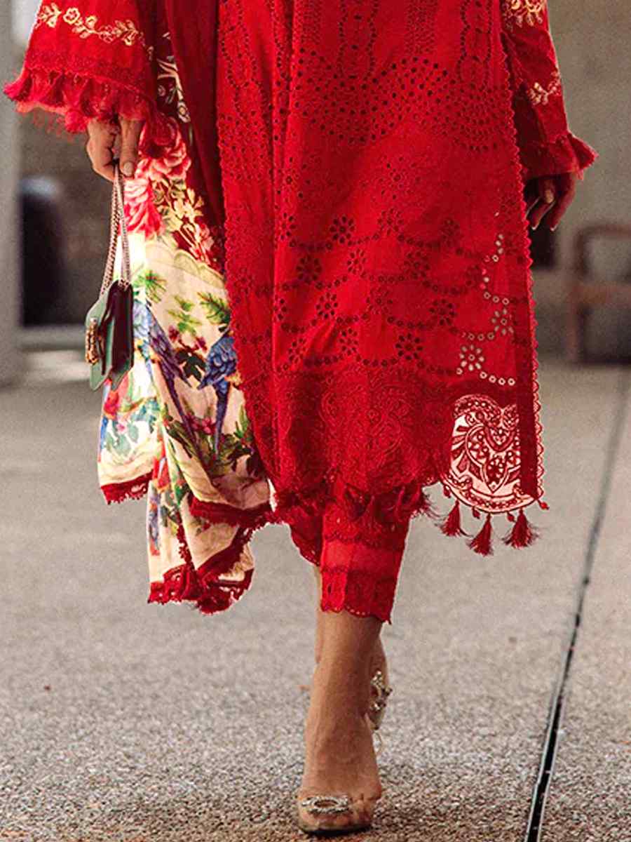 Red Heavy Cotton Embroidered Festival Casual Pant Salwar Kameez