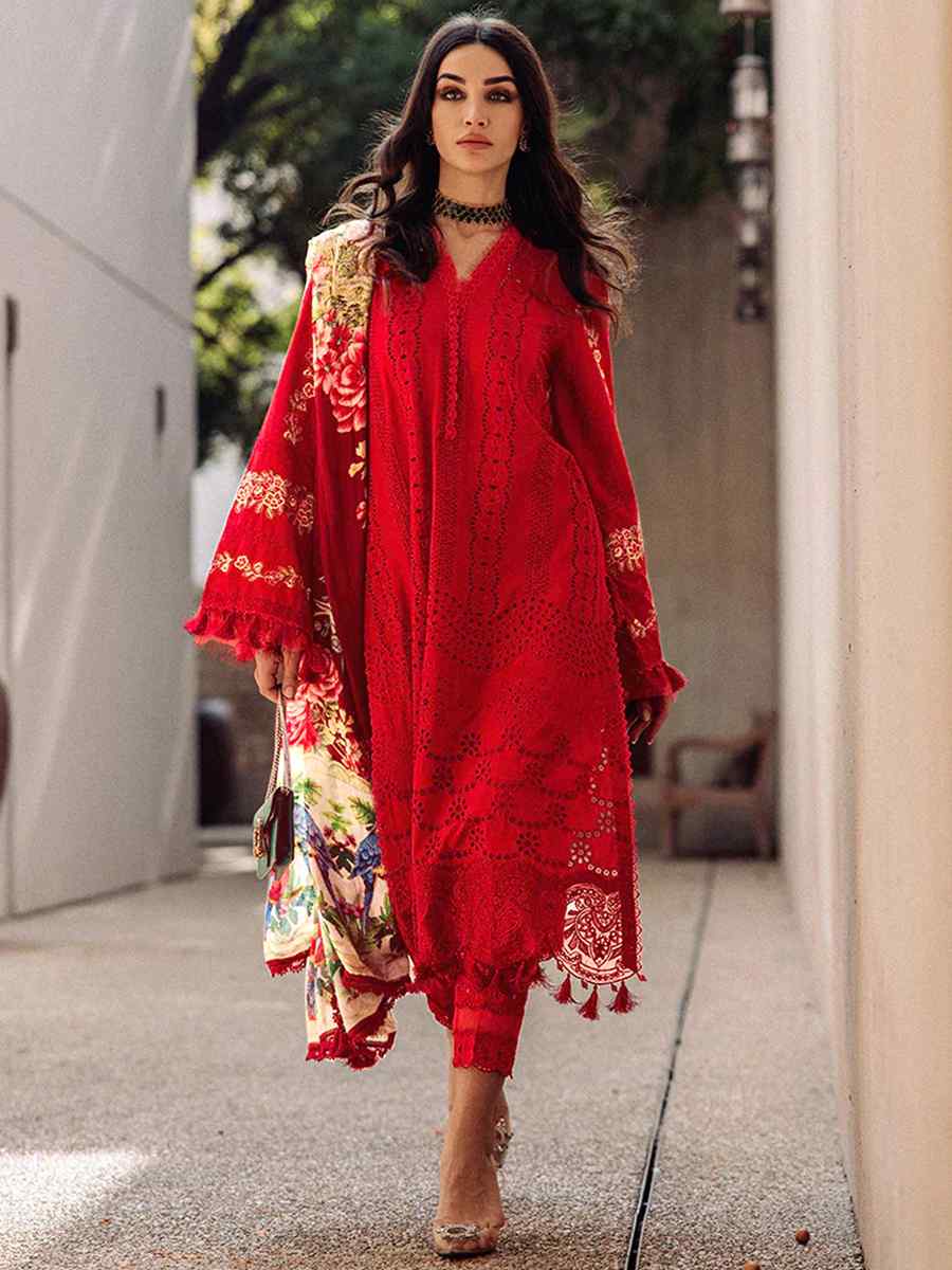 Red Heavy Cotton Embroidered Festival Casual Pant Salwar Kameez