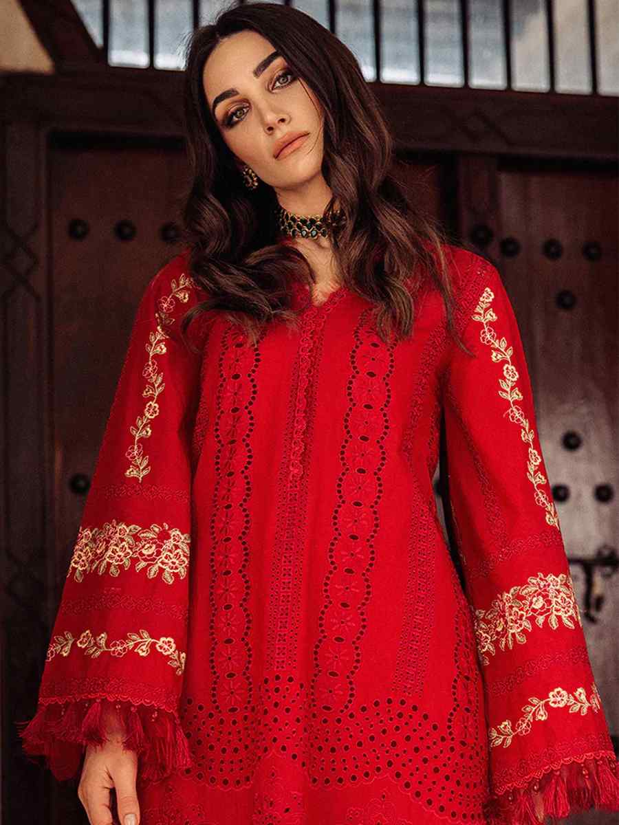 Red Heavy Cotton Embroidered Festival Casual Pant Salwar Kameez