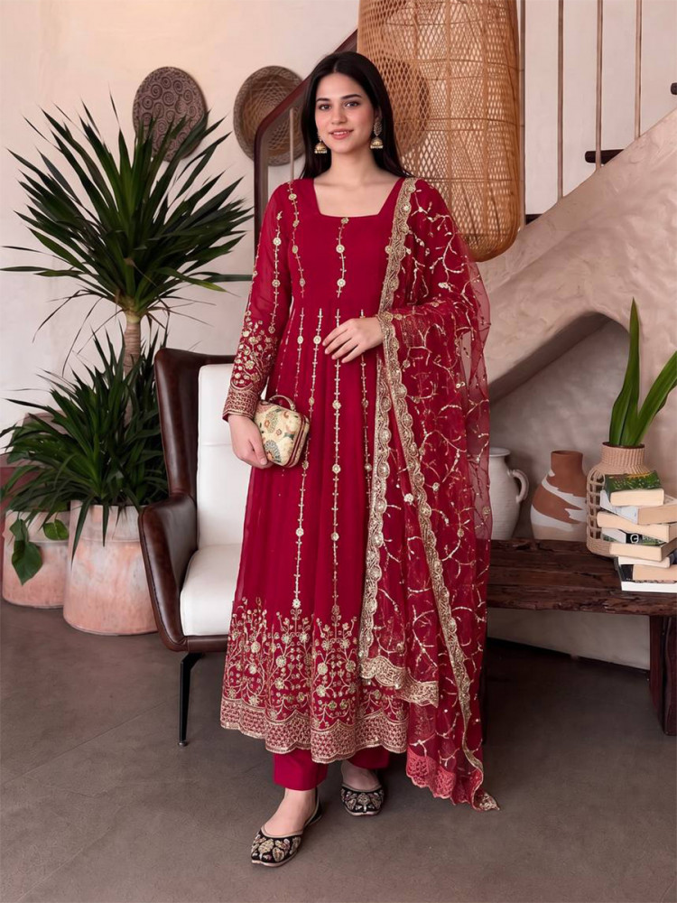 Image of Red Heavy Fandy Silk Embroidery Sequins Zari Wedding Party Festival Casual Ready Anarkali Pant Salwar Kameez