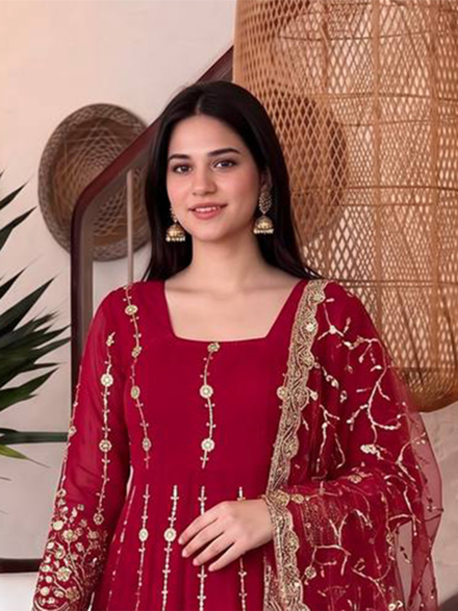Red Heavy Fandy Silk Embroidery Sequins Zari Wedding Party Festival Casual Ready Anarkali Pant Salwar Kameez