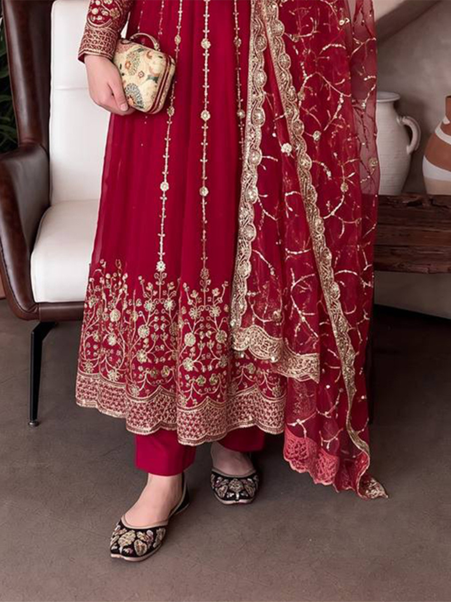 Red Heavy Fandy Silk Embroidery Sequins Zari Wedding Party Festival Casual Ready Anarkali Pant Salwar Kameez