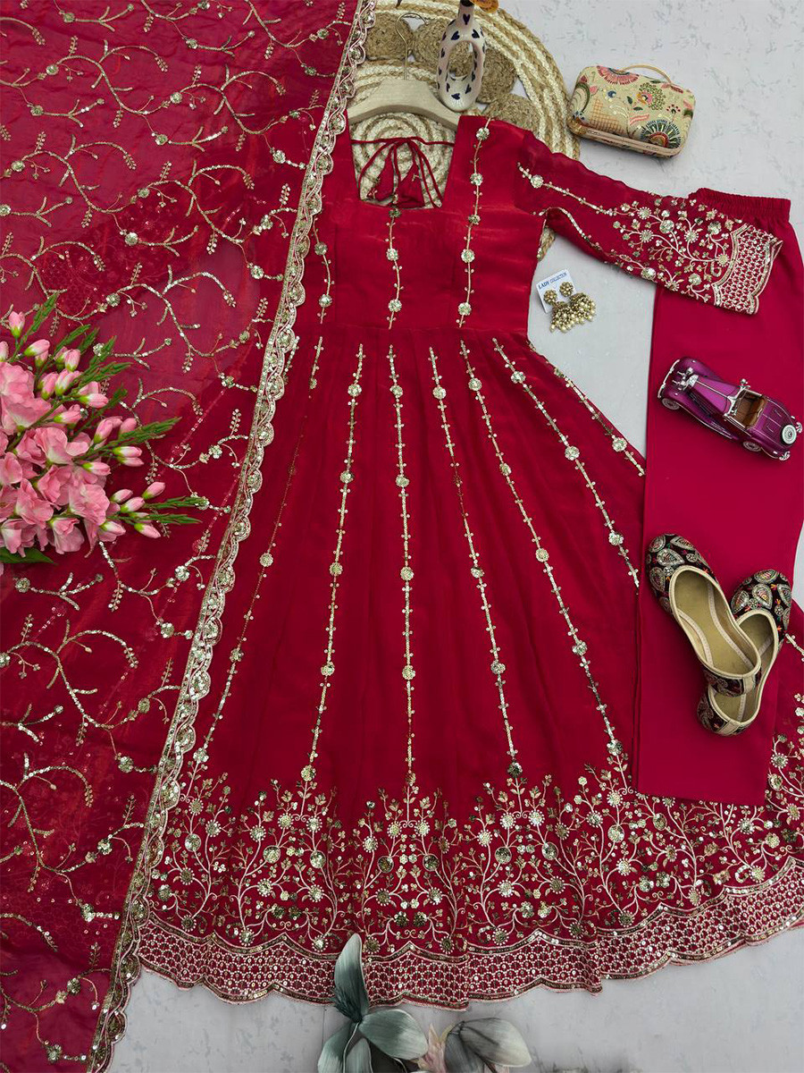 Red Heavy Fandy Silk Embroidery Sequins Zari Wedding Party Festival Casual Ready Anarkali Pant Salwar Kameez
