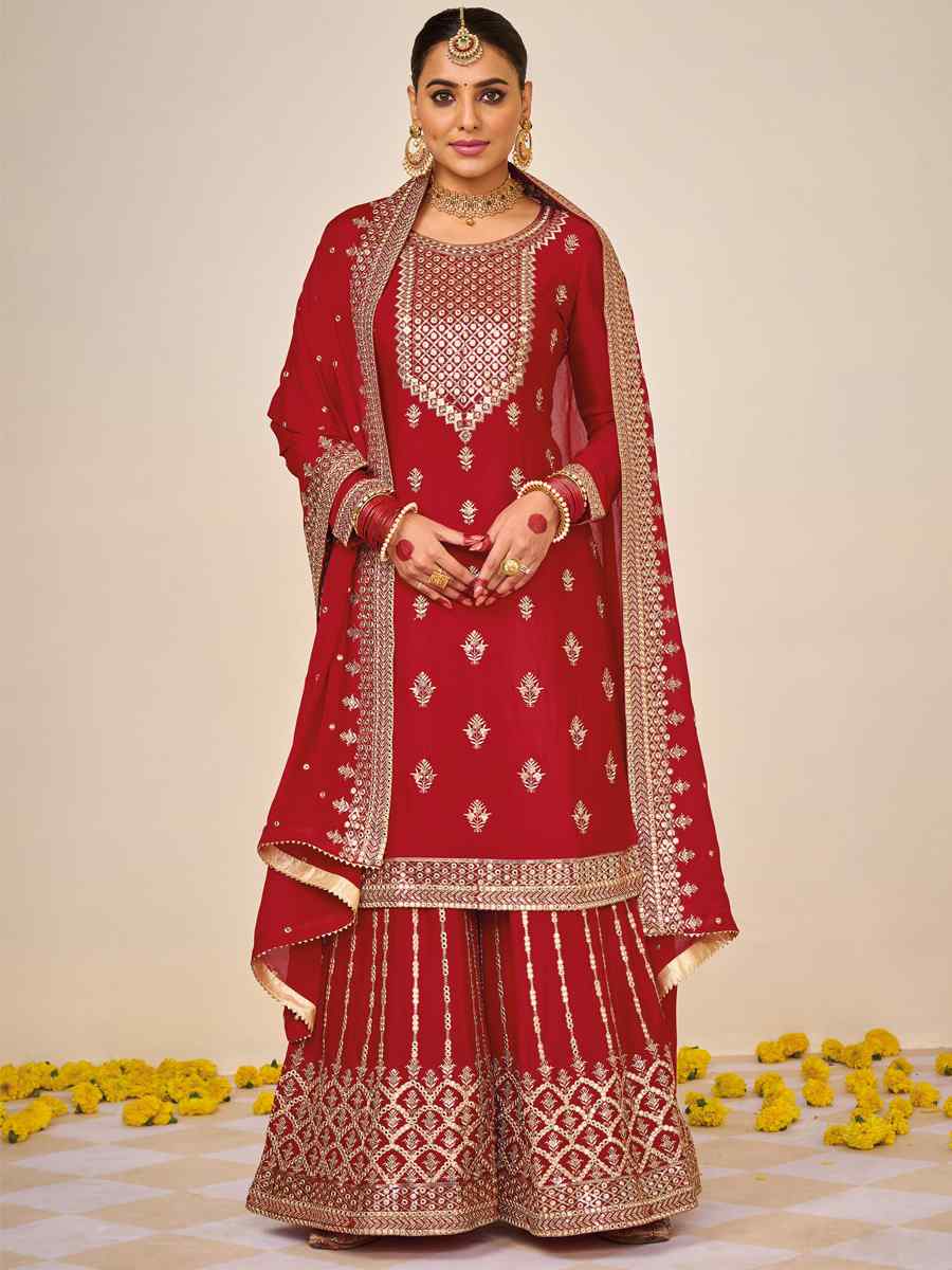 Red Heavy Faux Georgette Embroidered Festival Wedding Palazzo Pant Salwar Kameez