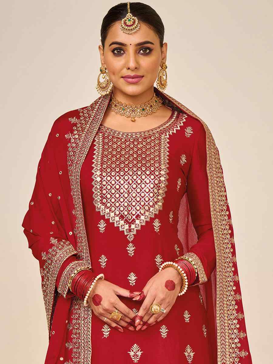Red Heavy Faux Georgette Embroidered Festival Wedding Palazzo Pant Salwar Kameez