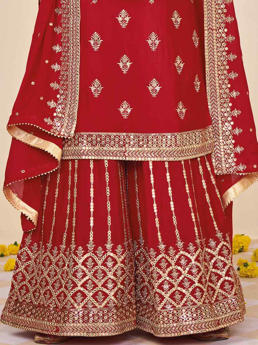 Red Heavy Faux Georgette Embroidered Festival Wedding Palazzo Pant Salwar Kameez