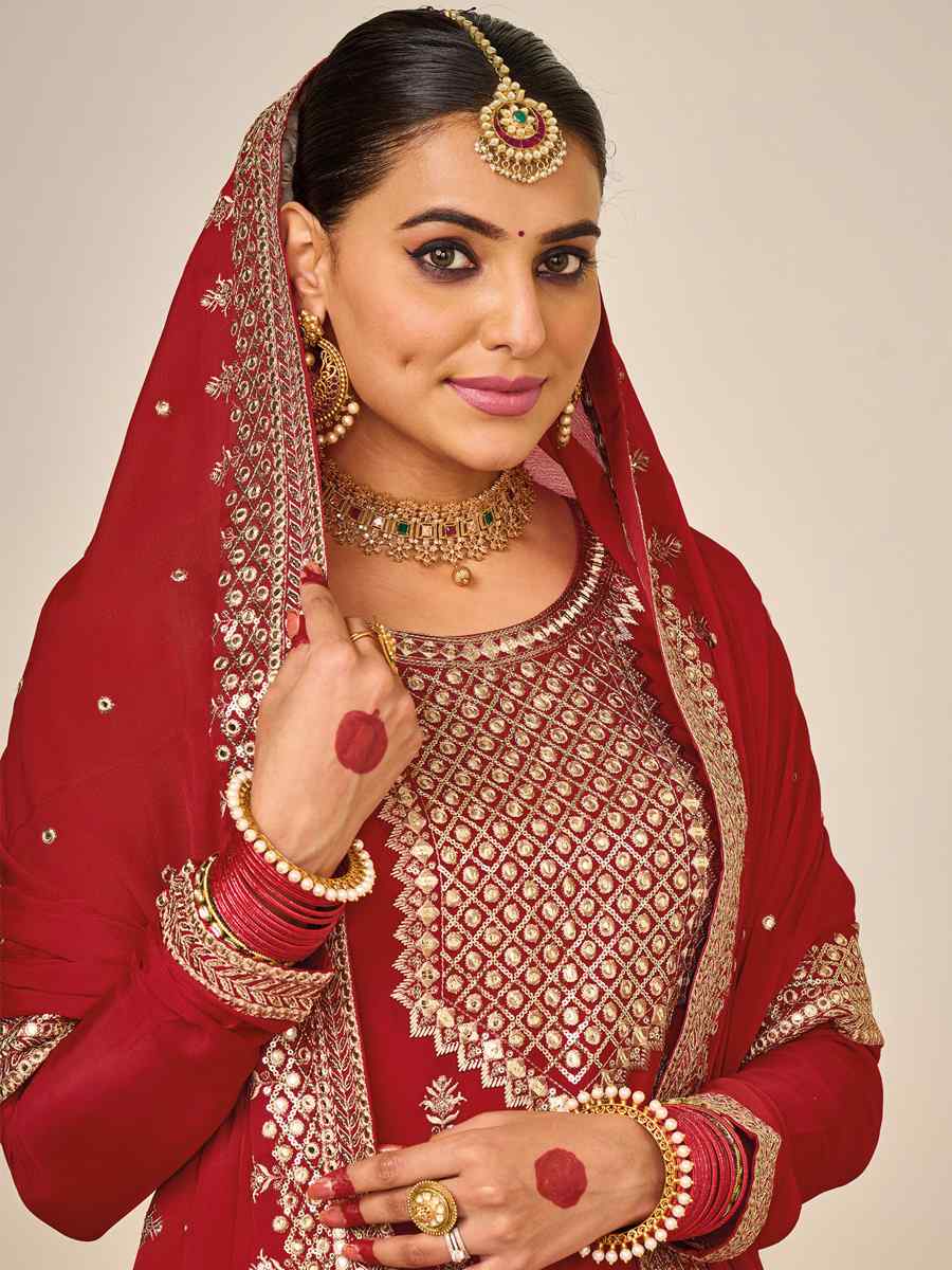 Red Heavy Faux Georgette Embroidered Festival Wedding Palazzo Pant Salwar Kameez