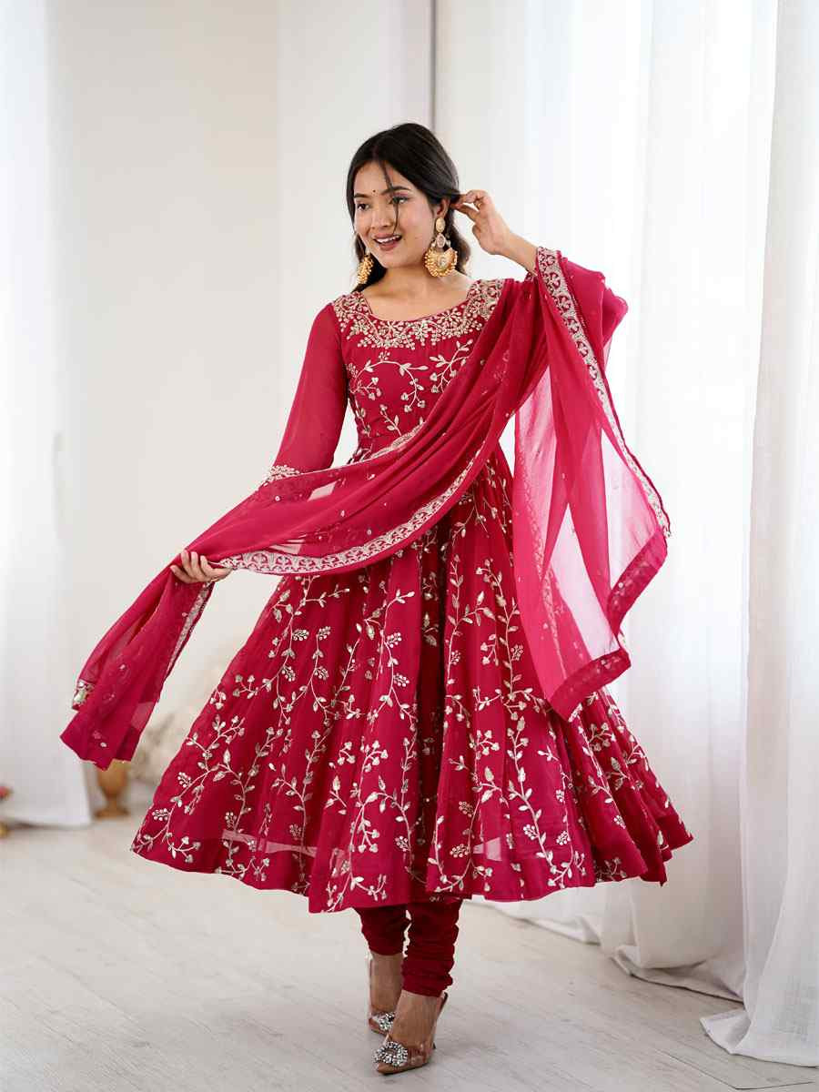 Red Heavy Faux Georgette Embroidered Party Wedding Ready Churidar Salwar Kameez