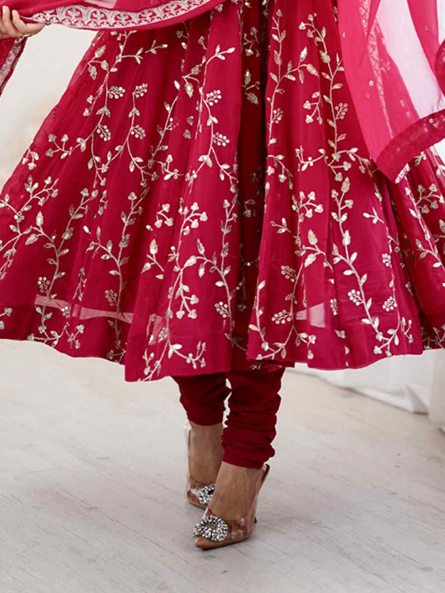 Red Heavy Faux Georgette Embroidered Party Wedding Ready Churidar Salwar Kameez