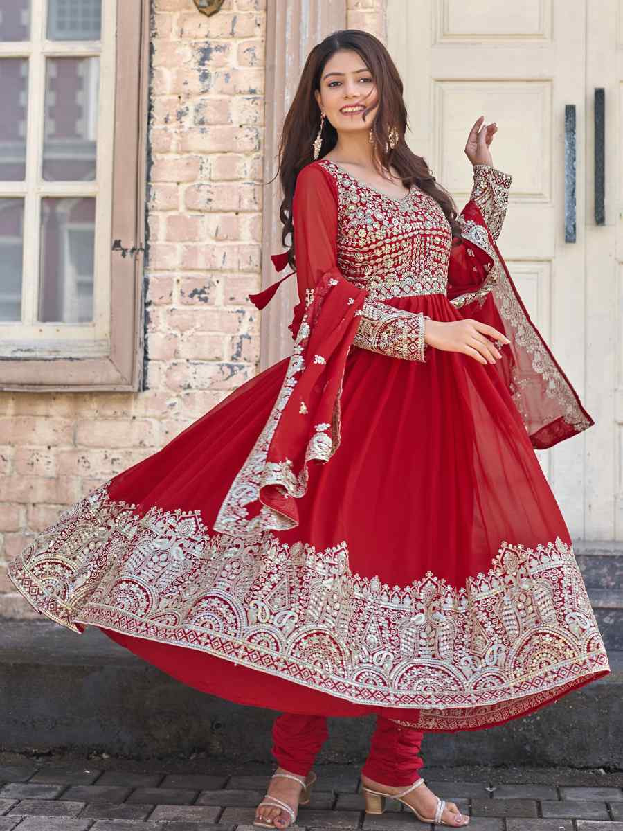 Red Heavy Faux Georgette Embroidery Party Wedding Festival Casual Ready Anarkali Salwar Kameez