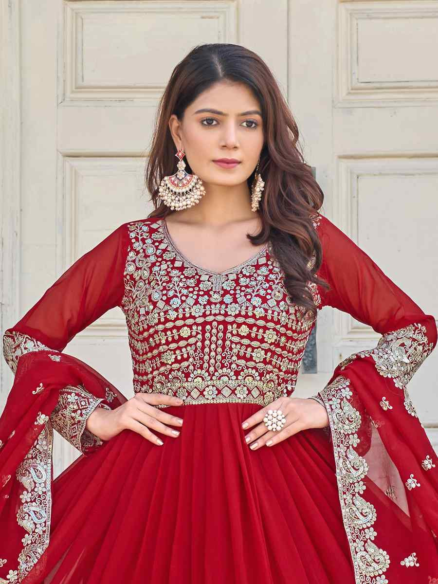 Red Heavy Faux Georgette Embroidery Party Wedding Festival Casual Ready Anarkali Salwar Kameez