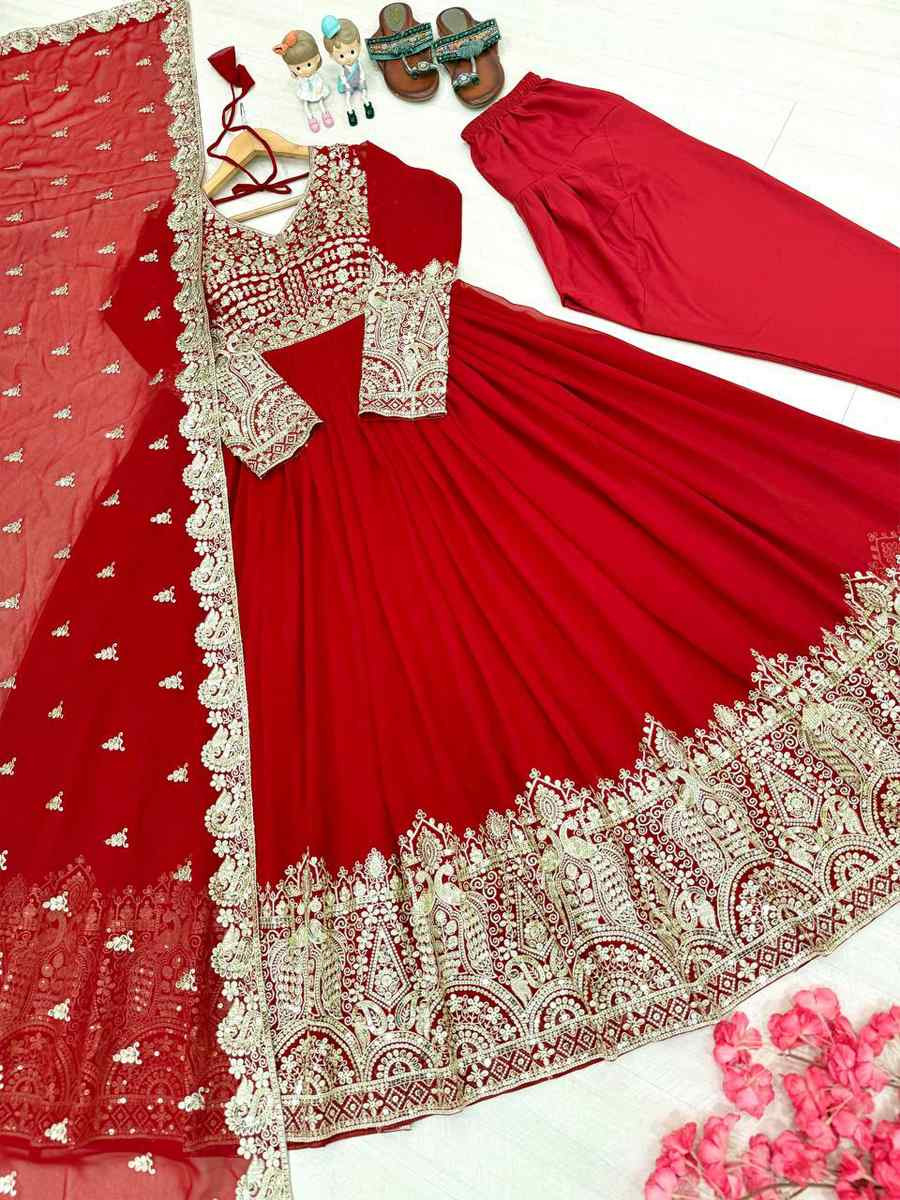 Red Heavy Faux Georgette Embroidery Party Wedding Festival Casual Ready Anarkali Salwar Kameez