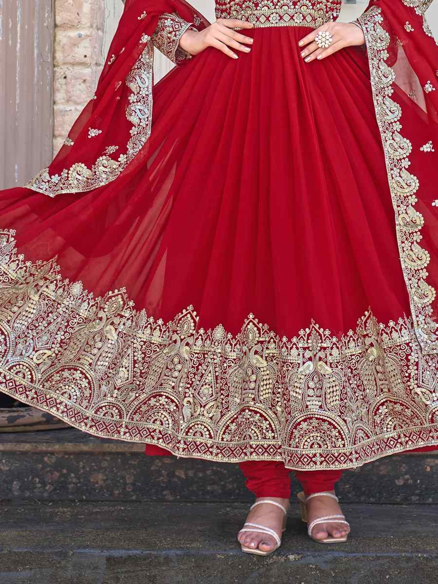 Red Heavy Faux Georgette Embroidery Party Wedding Festival Casual Ready Anarkali Salwar Kameez