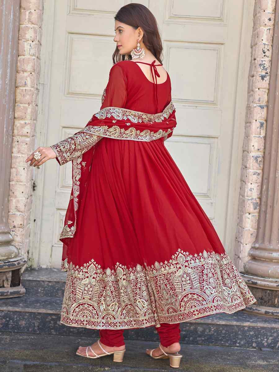 Red Heavy Faux Georgette Embroidery Party Wedding Festival Casual Ready Anarkali Salwar Kameez