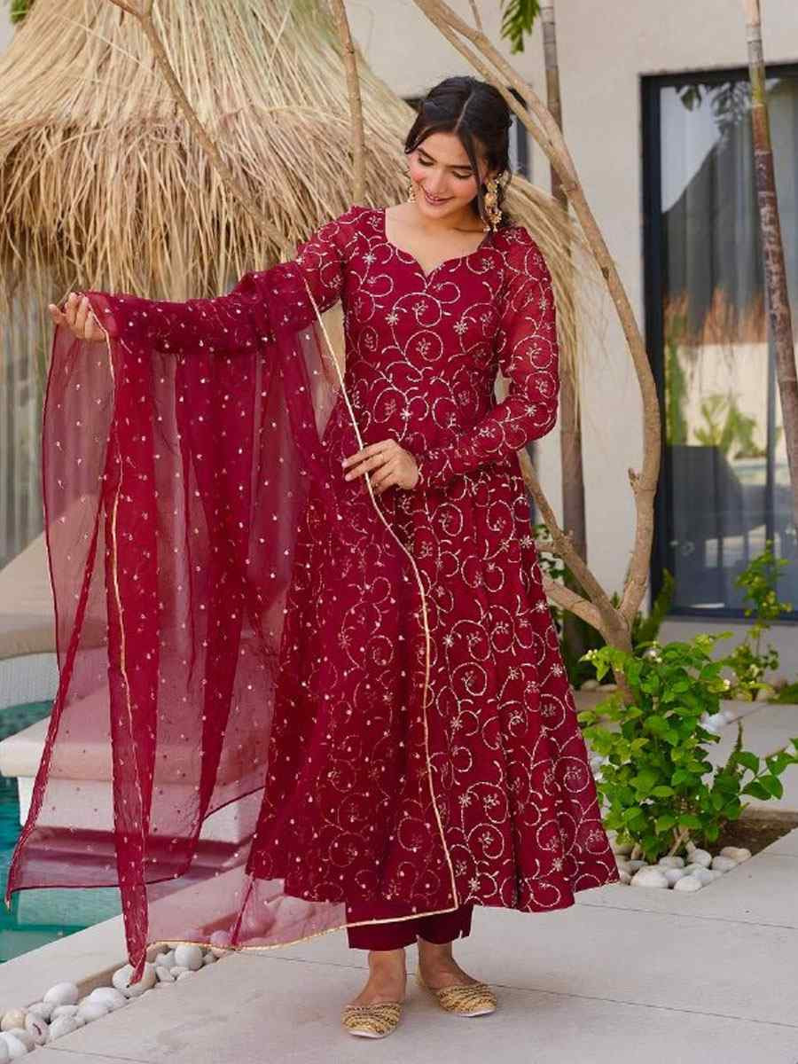Red Heavy Faux Georgette Embroidery Party Wedding Festival Casual Ready Pant Anarkali Salwar Kameez