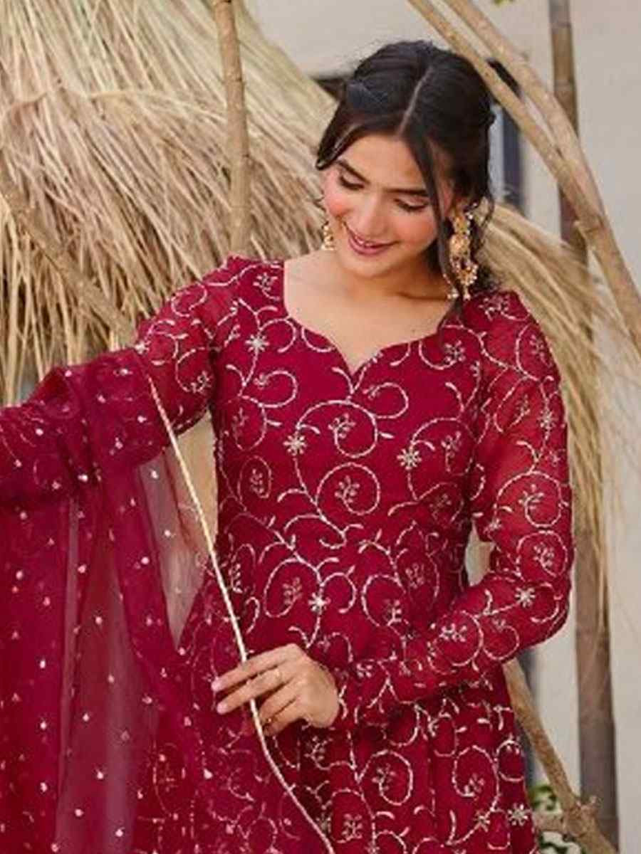 Red Heavy Faux Georgette Embroidery Party Wedding Festival Casual Ready Pant Anarkali Salwar Kameez
