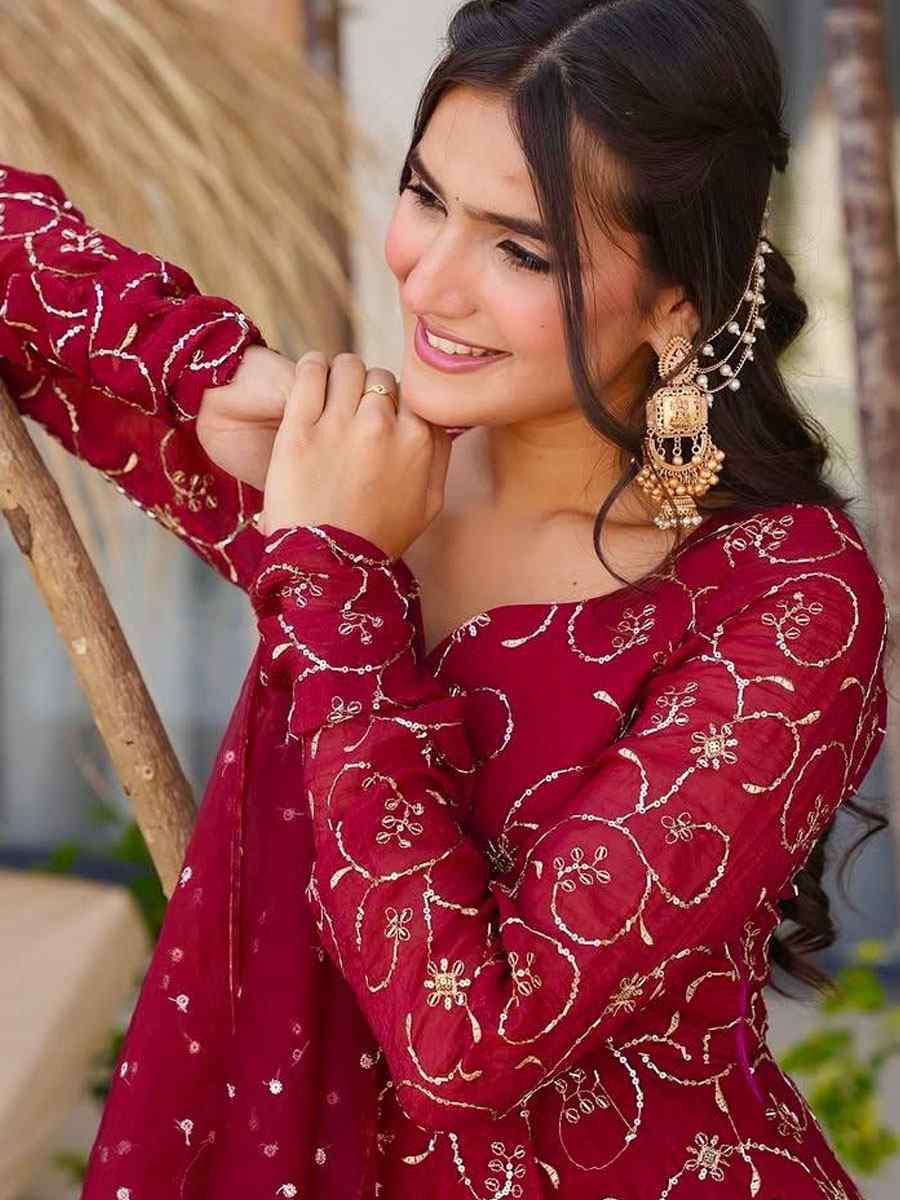 Red Heavy Faux Georgette Embroidery Party Wedding Festival Casual Ready Pant Anarkali Salwar Kameez