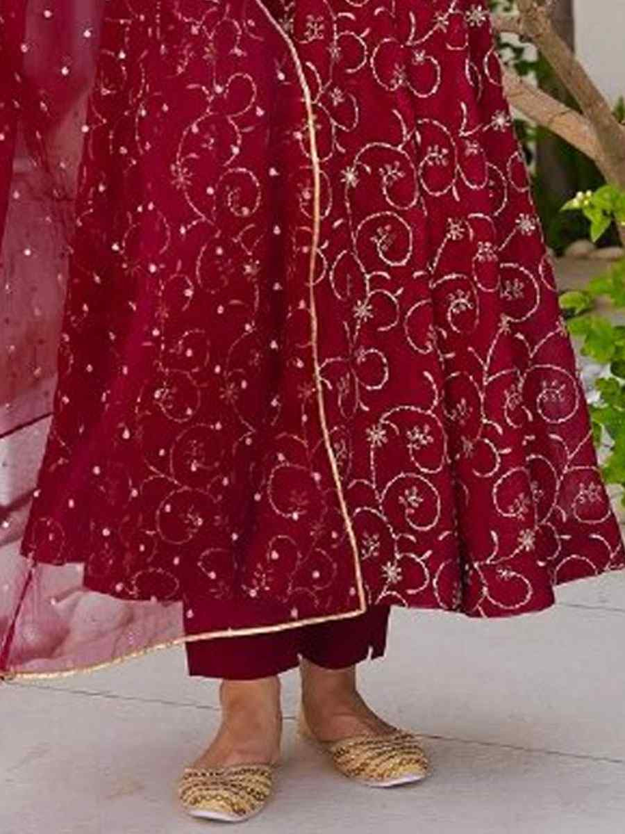 Red Heavy Faux Georgette Embroidery Party Wedding Festival Casual Ready Pant Anarkali Salwar Kameez