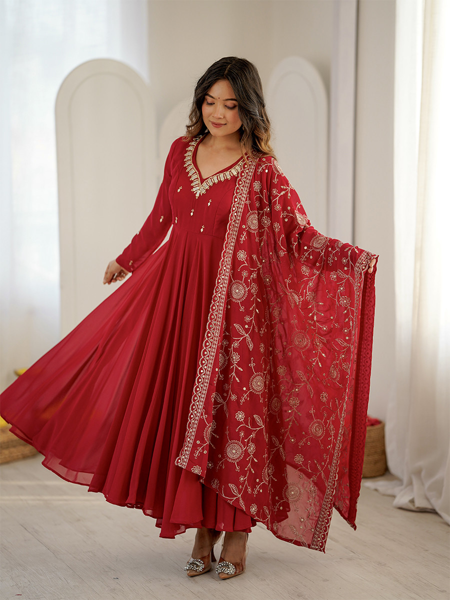 Red Heavy Faux Georgette Embroidery Sequins Wedding Party Festival Casual Ready Anarkali Pant Salwar Kameez