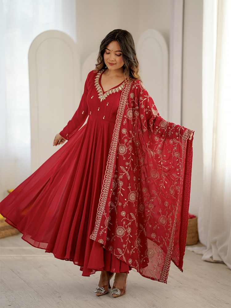 Image of Red Heavy Faux Georgette Embroidery Sequins Wedding Party Festival Casual Ready Anarkali Pant Salwar Kameez