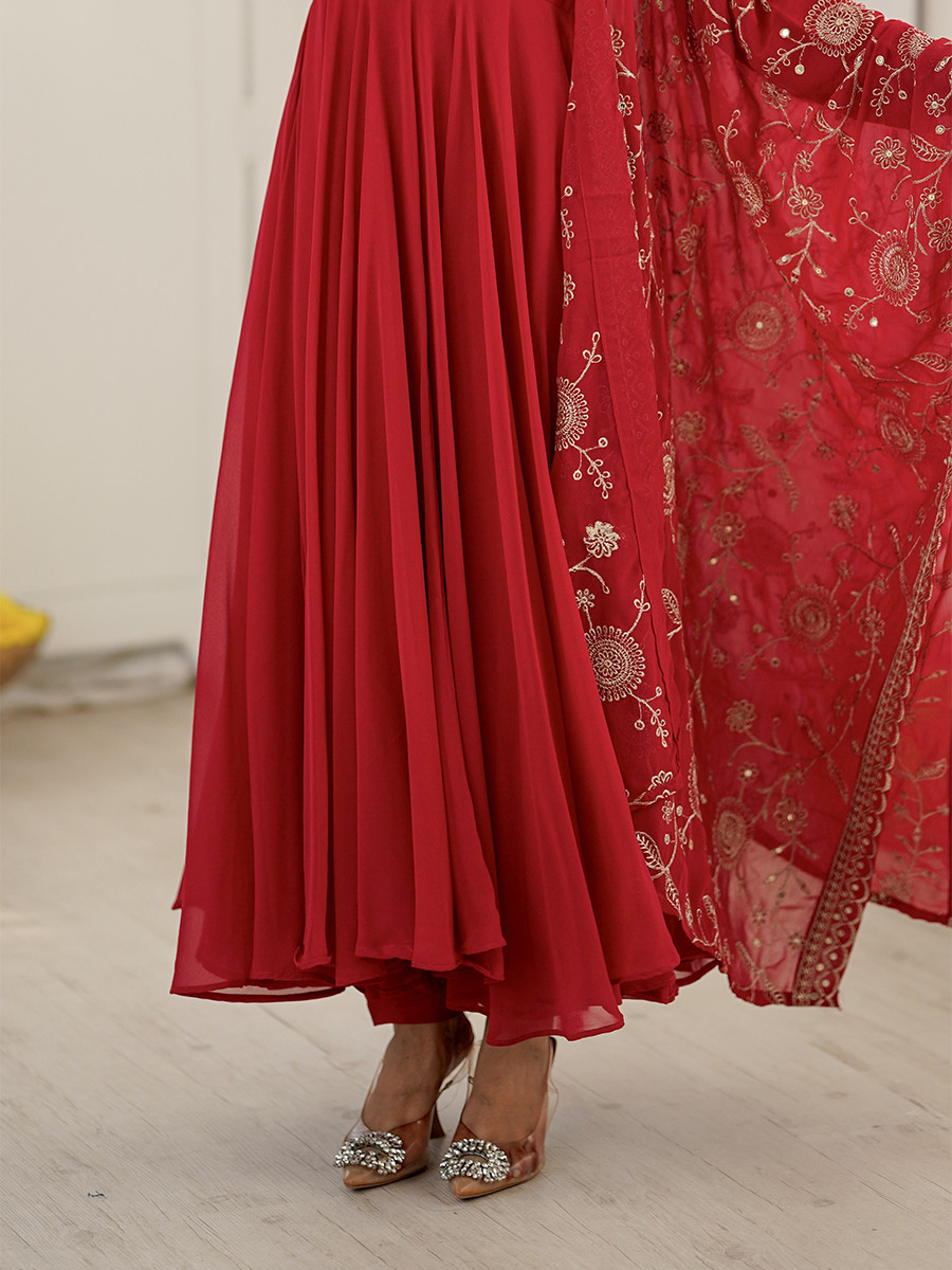 Red Heavy Faux Georgette Embroidery Sequins Wedding Party Festival Casual Ready Anarkali Pant Salwar Kameez