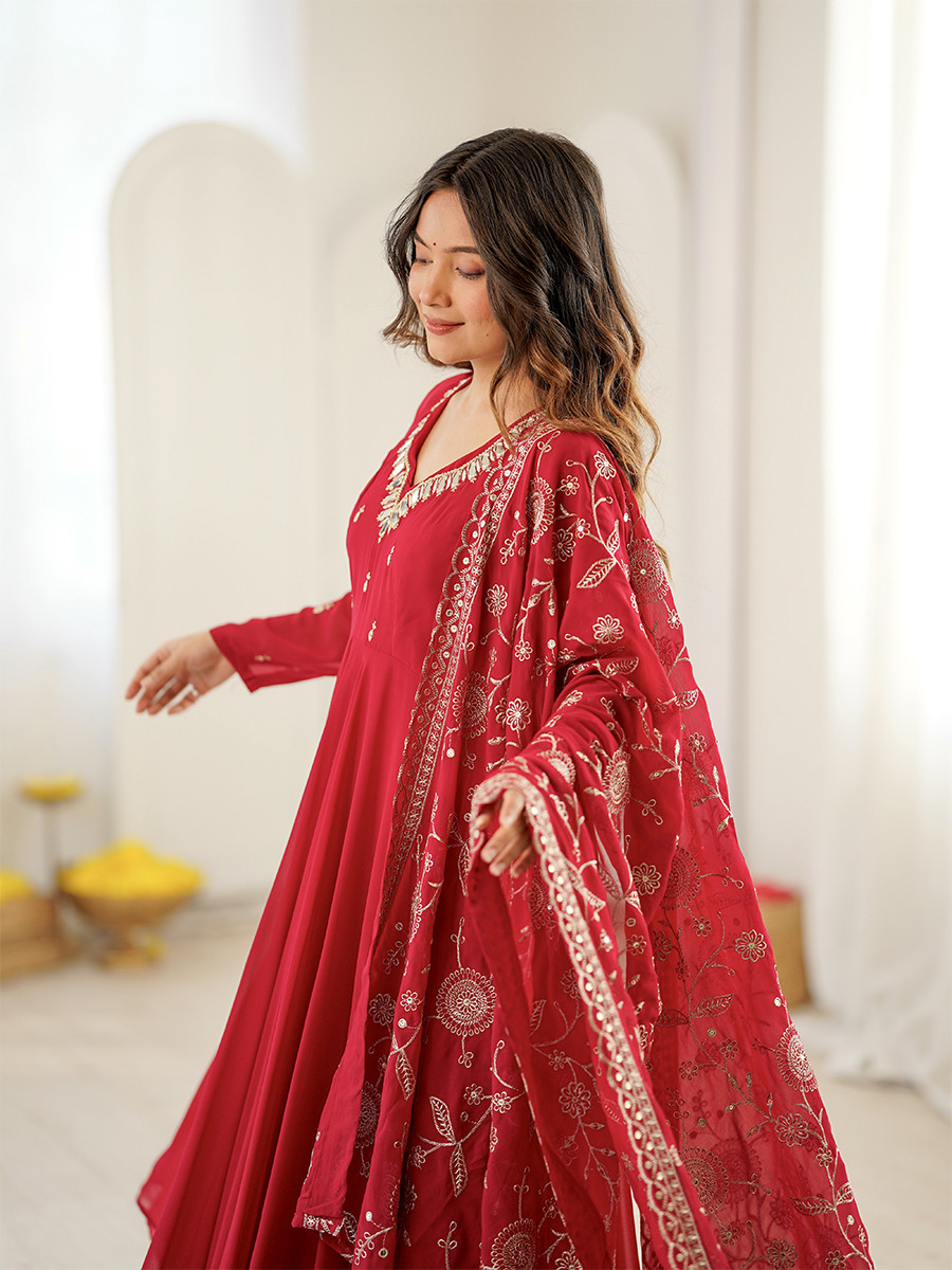 Red Heavy Faux Georgette Embroidery Sequins Wedding Party Festival Casual Ready Anarkali Pant Salwar Kameez