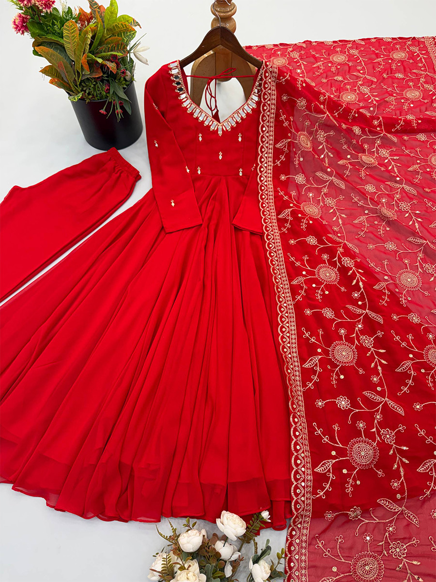 Red Heavy Faux Georgette Embroidery Sequins Wedding Party Festival Casual Ready Anarkali Pant Salwar Kameez