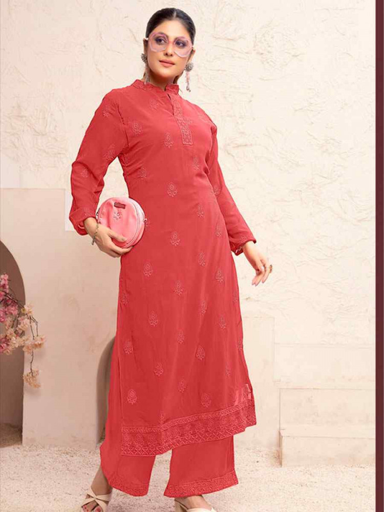 Image of Red Heavy Fox Georgette Embroidered Festival Casual Kurti Bottom Women Wear