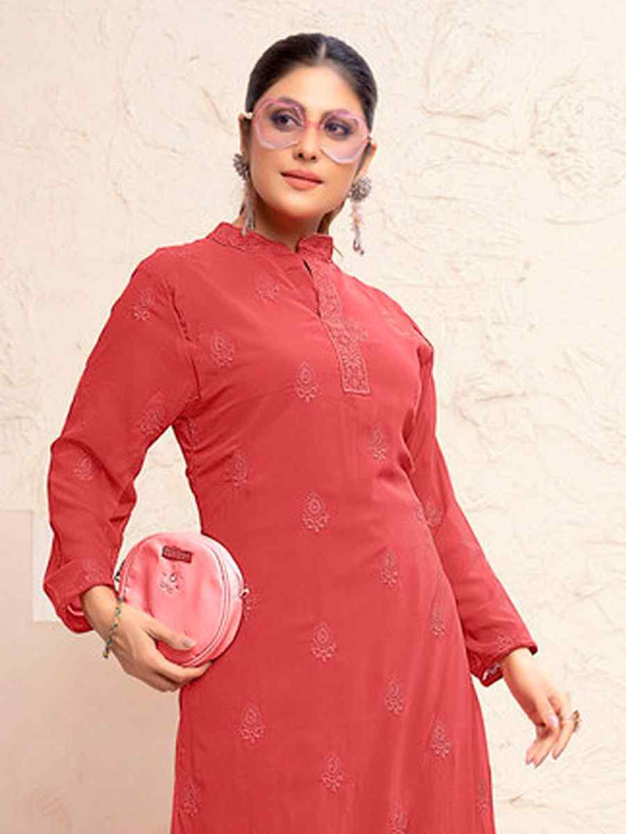 Red Heavy Fox Georgette Embroidered Festival Casual Kurti Bottom Women Wear