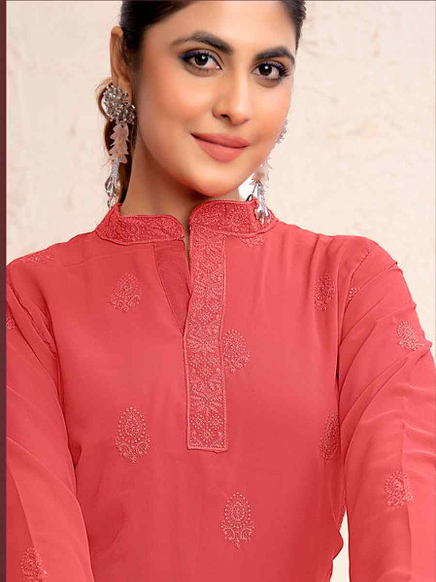 Red Heavy Fox Georgette Embroidered Festival Casual Kurti Bottom Women Wear