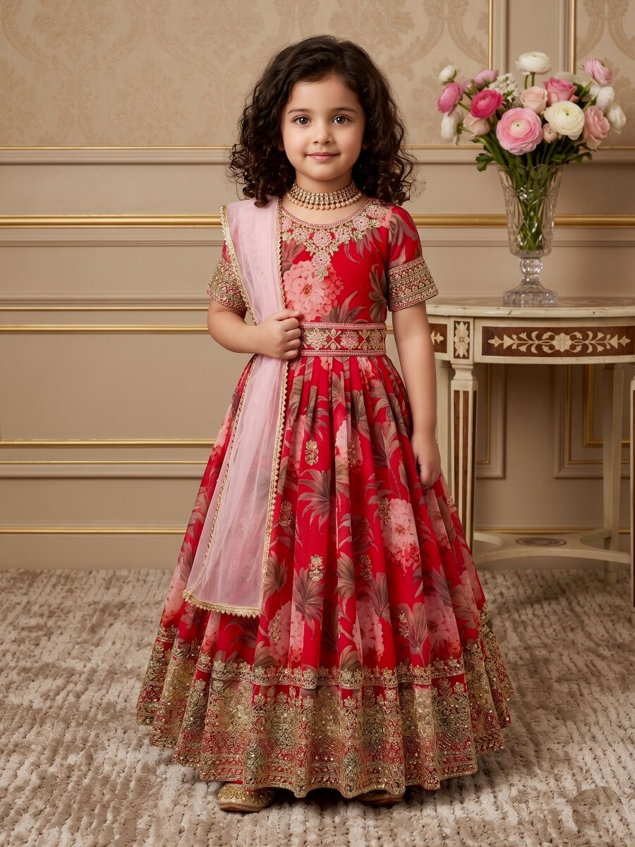 Red Heavy Fox Georgette Printed Embroidered Sequins Ethnic Casual Festival Party Wedding Gown