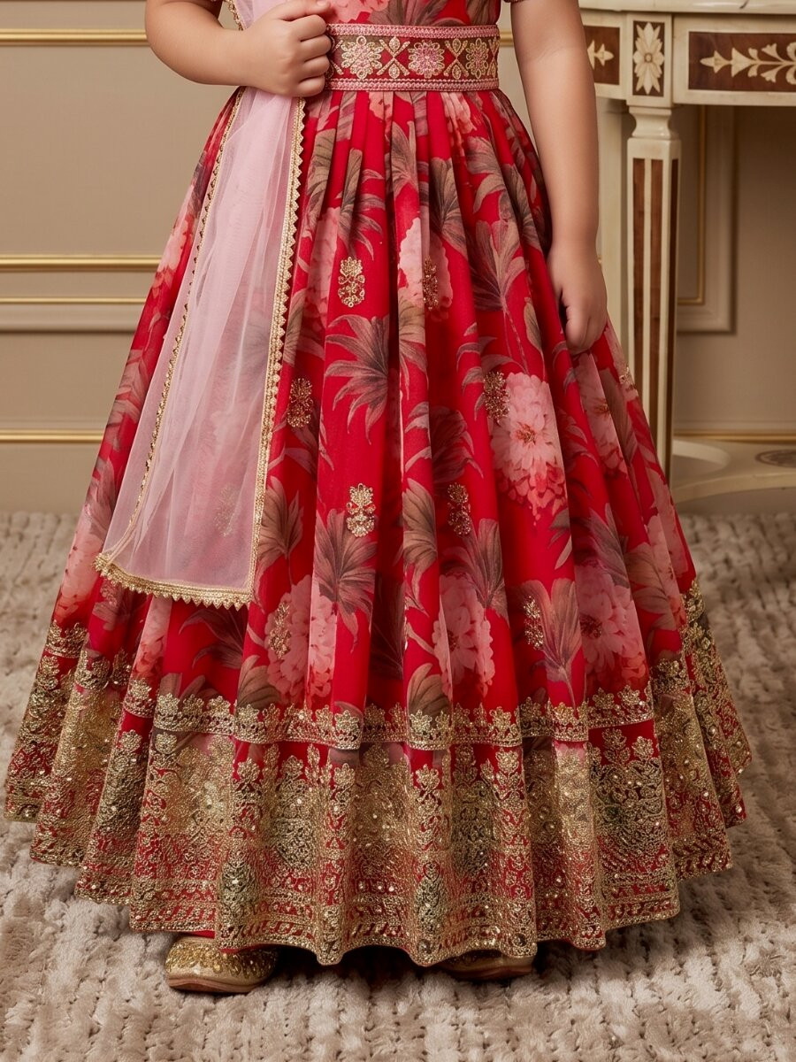 Red Heavy Fox Georgette Printed Embroidered Sequins Ethnic Casual Festival Party Wedding Gown