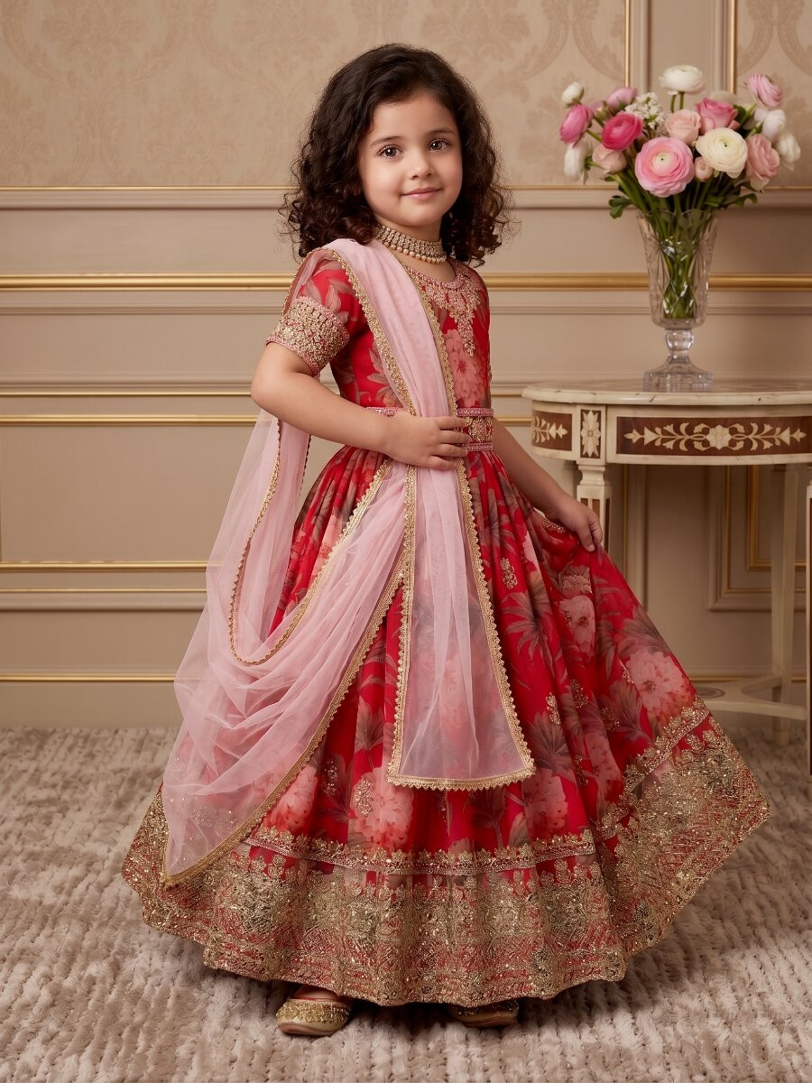 Red Heavy Fox Georgette Printed Embroidered Sequins Ethnic Casual Festival Party Wedding Gown