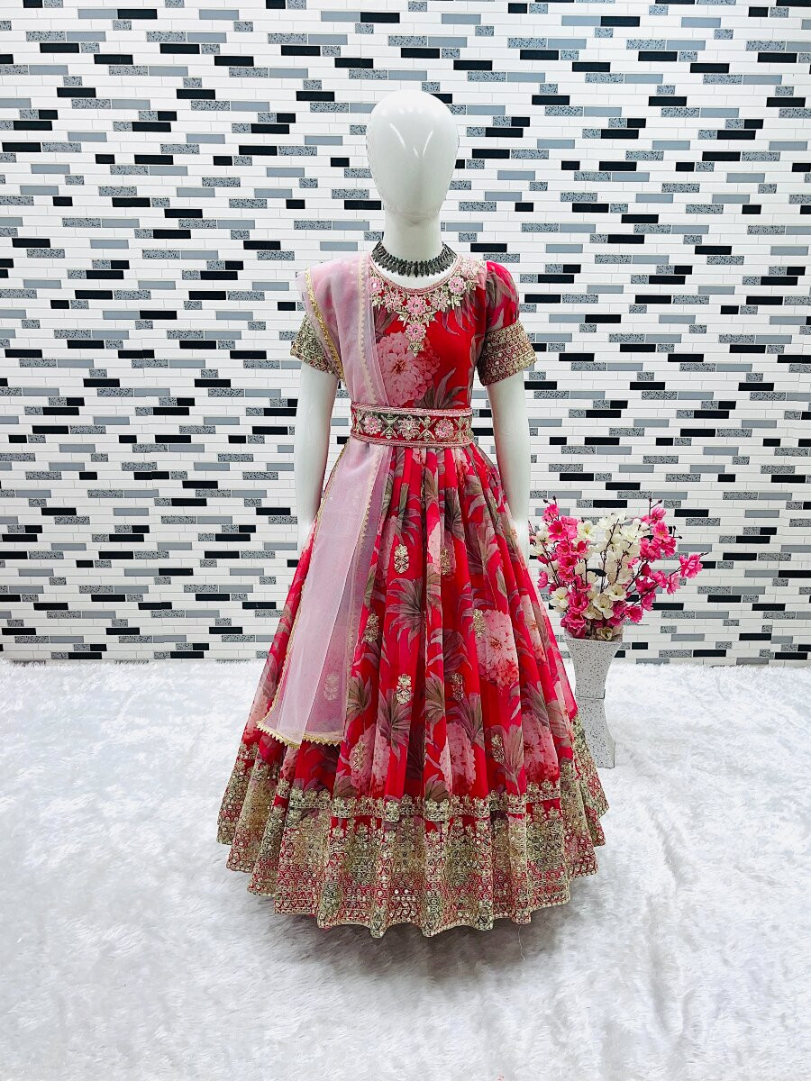 Red Heavy Fox Georgette Printed Embroidered Sequins Ethnic Casual Festival Party Wedding Gown
