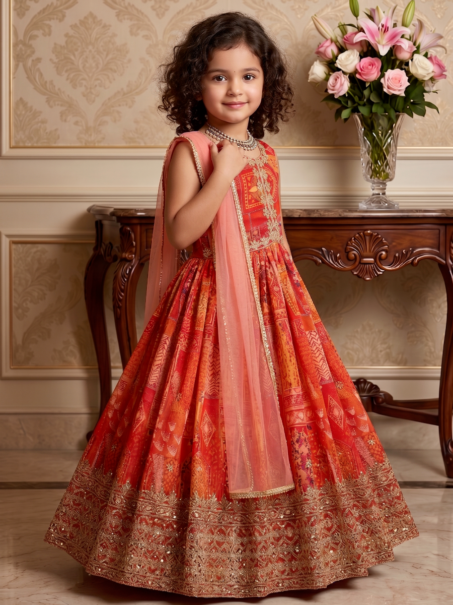 Red Heavy Fox Georgette Printed Embroidered Sequins Ethnic Casual Festival Party Wedding Gown