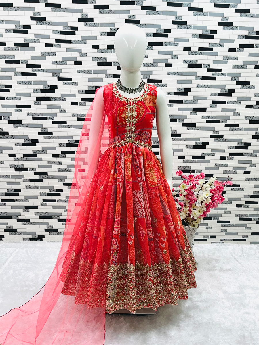 Red Heavy Fox Georgette Printed Embroidered Sequins Ethnic Casual Festival Party Wedding Gown