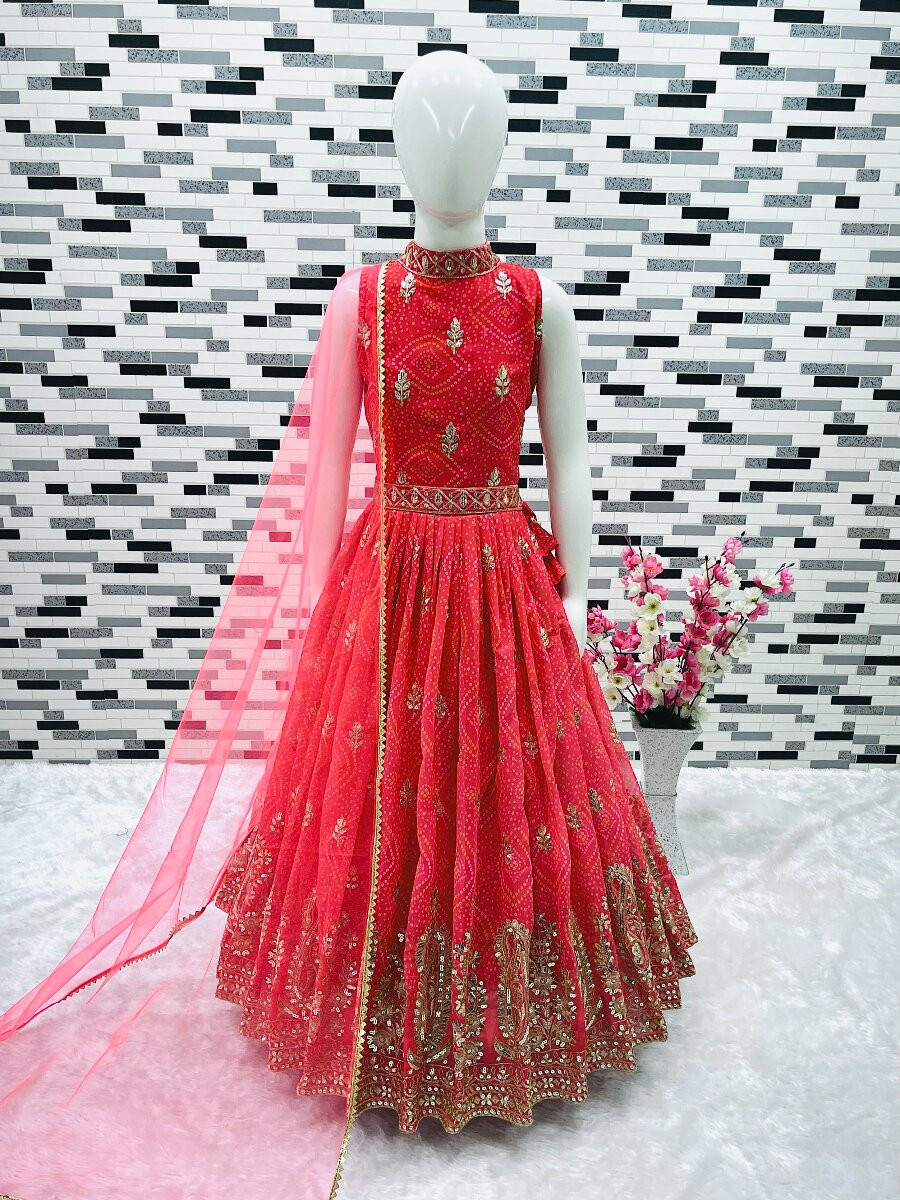 Red Heavy Fox Georgette Printed Embroidered Sequins Ethnic Casual Festival Party Wedding Gown