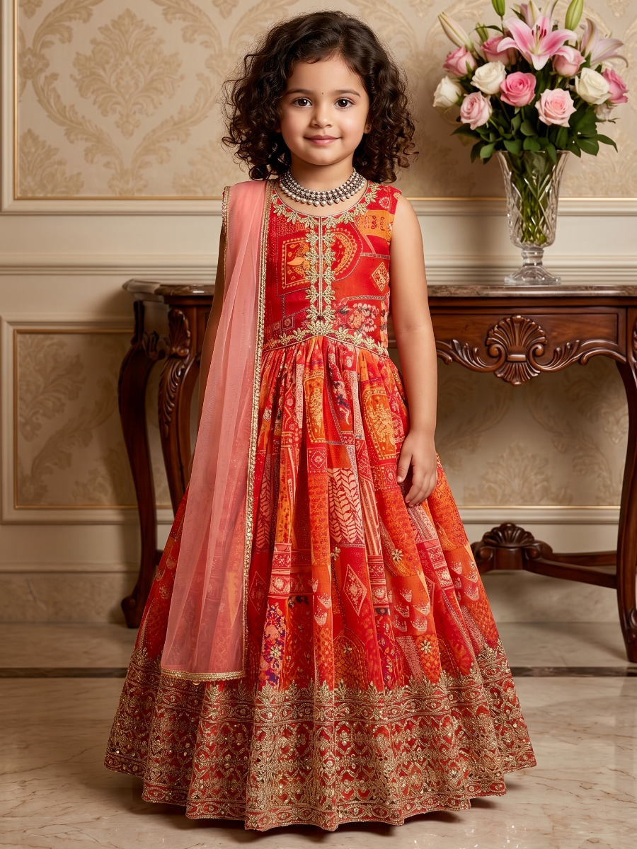 Red Heavy Fox Georgette Printed Embroidered Sequins Ethnic Casual Festival Party Wedding Gown