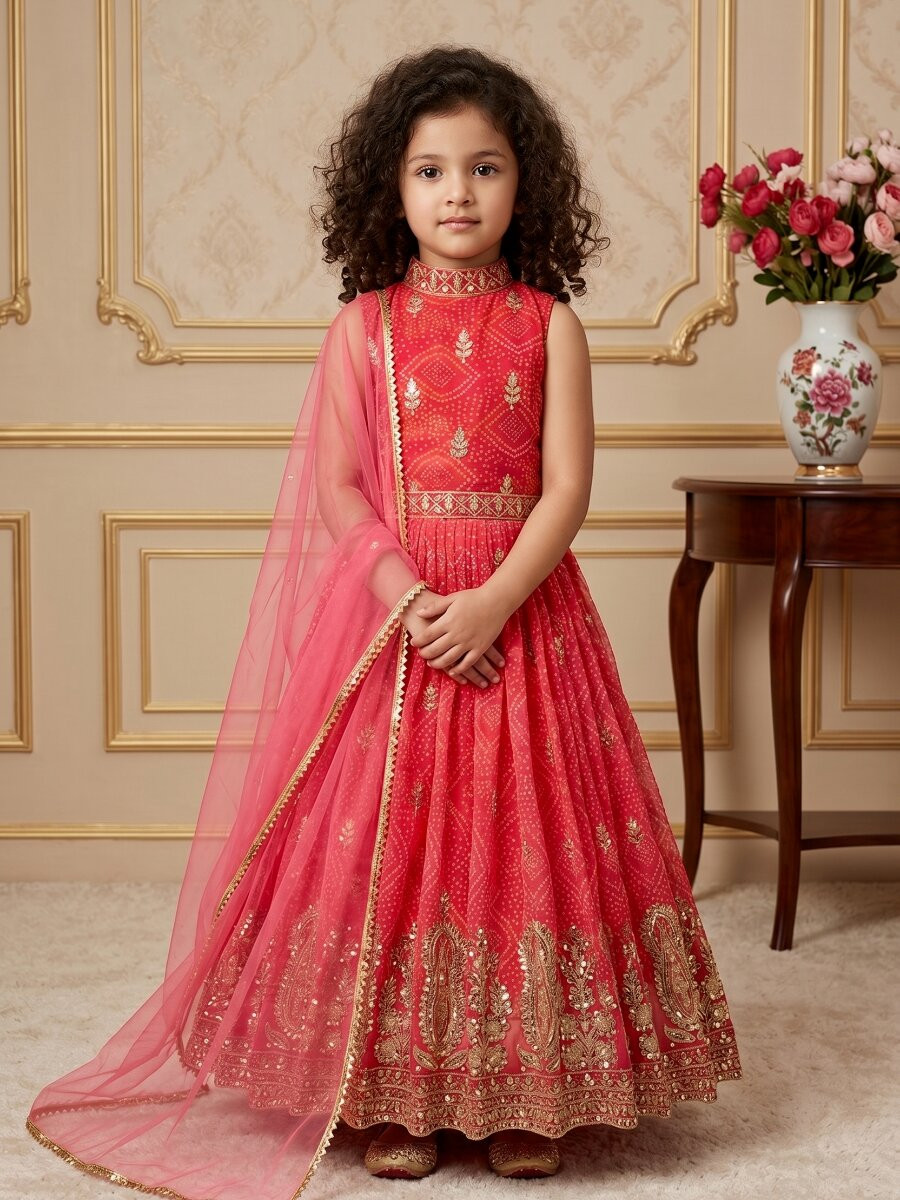 Red Heavy Fox Georgette Printed Embroidered Sequins Ethnic Casual Festival Party Wedding Gown