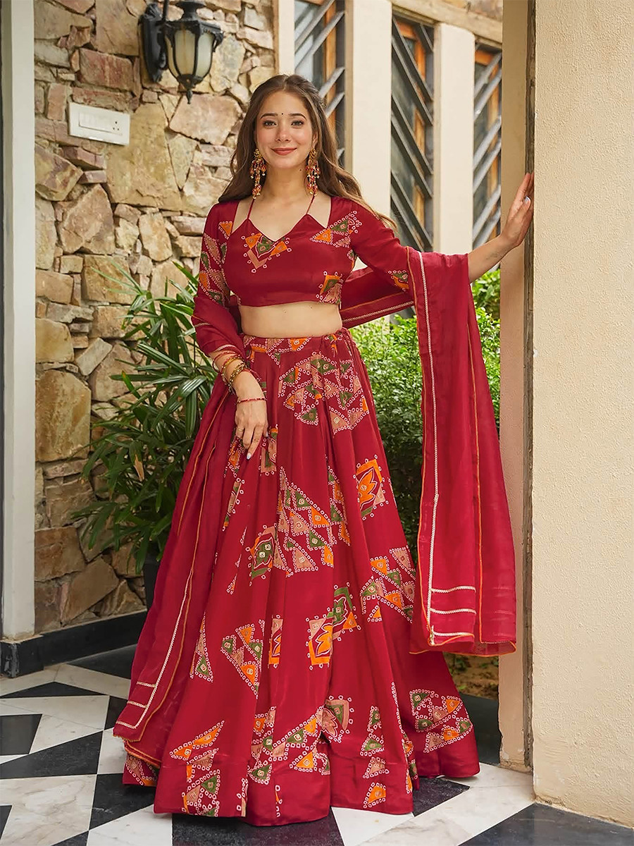 Red Heavy french crape silk Printed Wedding Reception Party Wear Festival Ready Circular Lehenga Choli