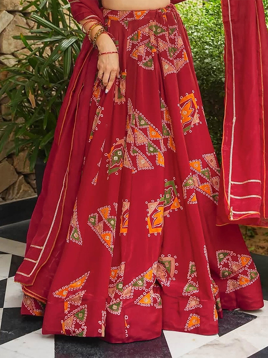 Red Heavy french crape silk Printed Wedding Reception Party Wear Festival Ready Circular Lehenga Choli