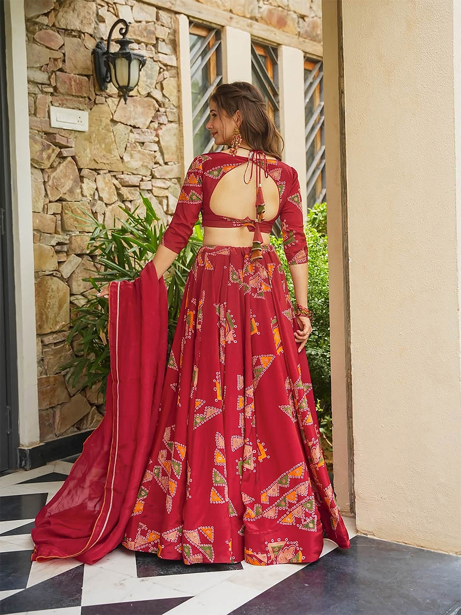 Red Heavy french crape silk Printed Wedding Reception Party Wear Festival Ready Circular Lehenga Choli