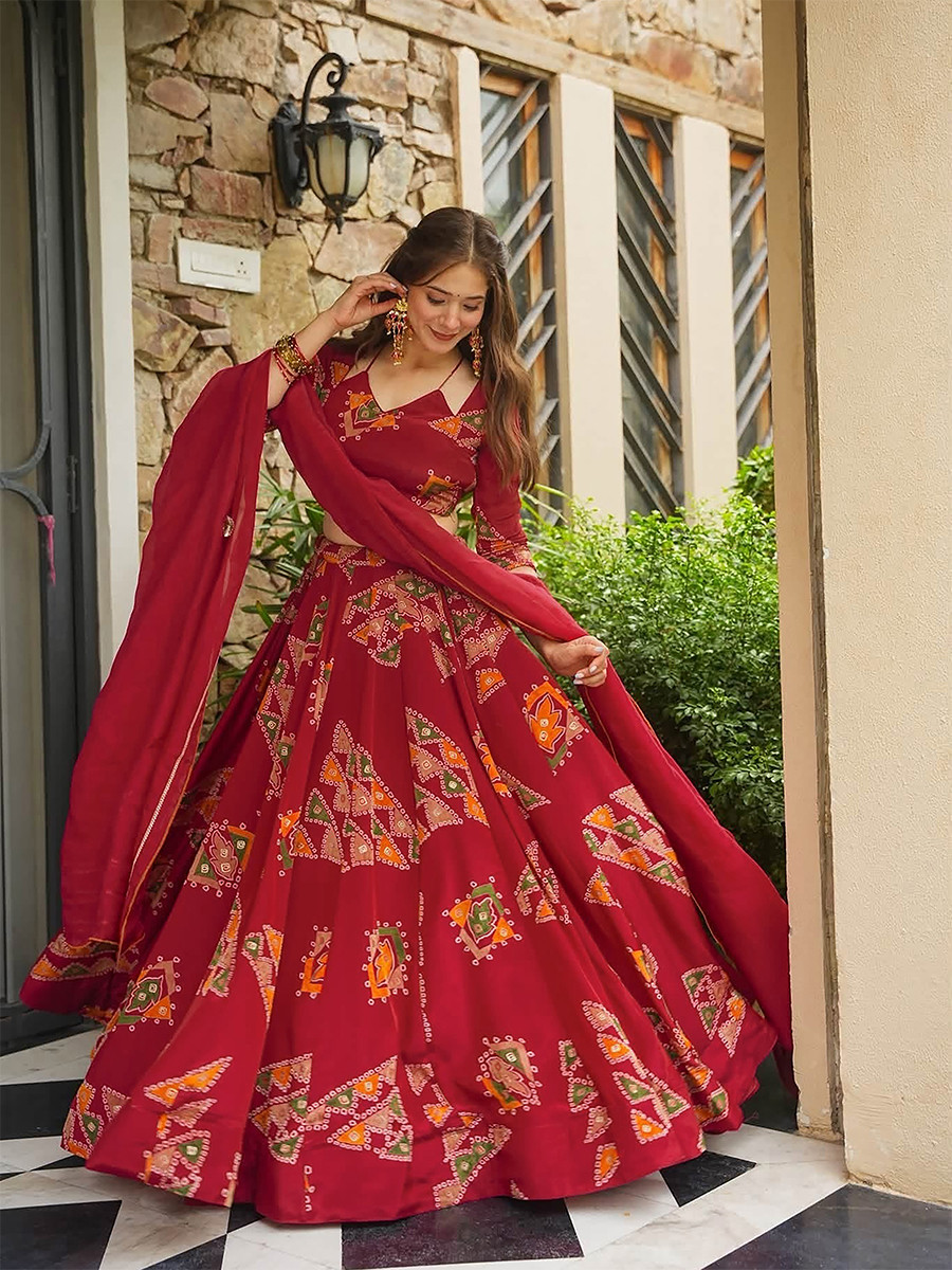 Red Heavy french crape silk Printed Wedding Reception Party Wear Festival Ready Circular Lehenga Choli