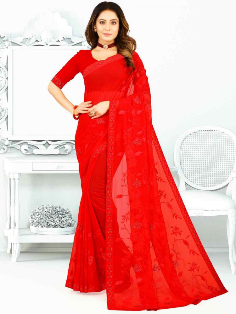 Red Heavy Georgette Embroidered Wedding Festival Classic Style Saree